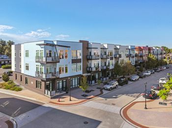 Aerial view of the building with parking area
